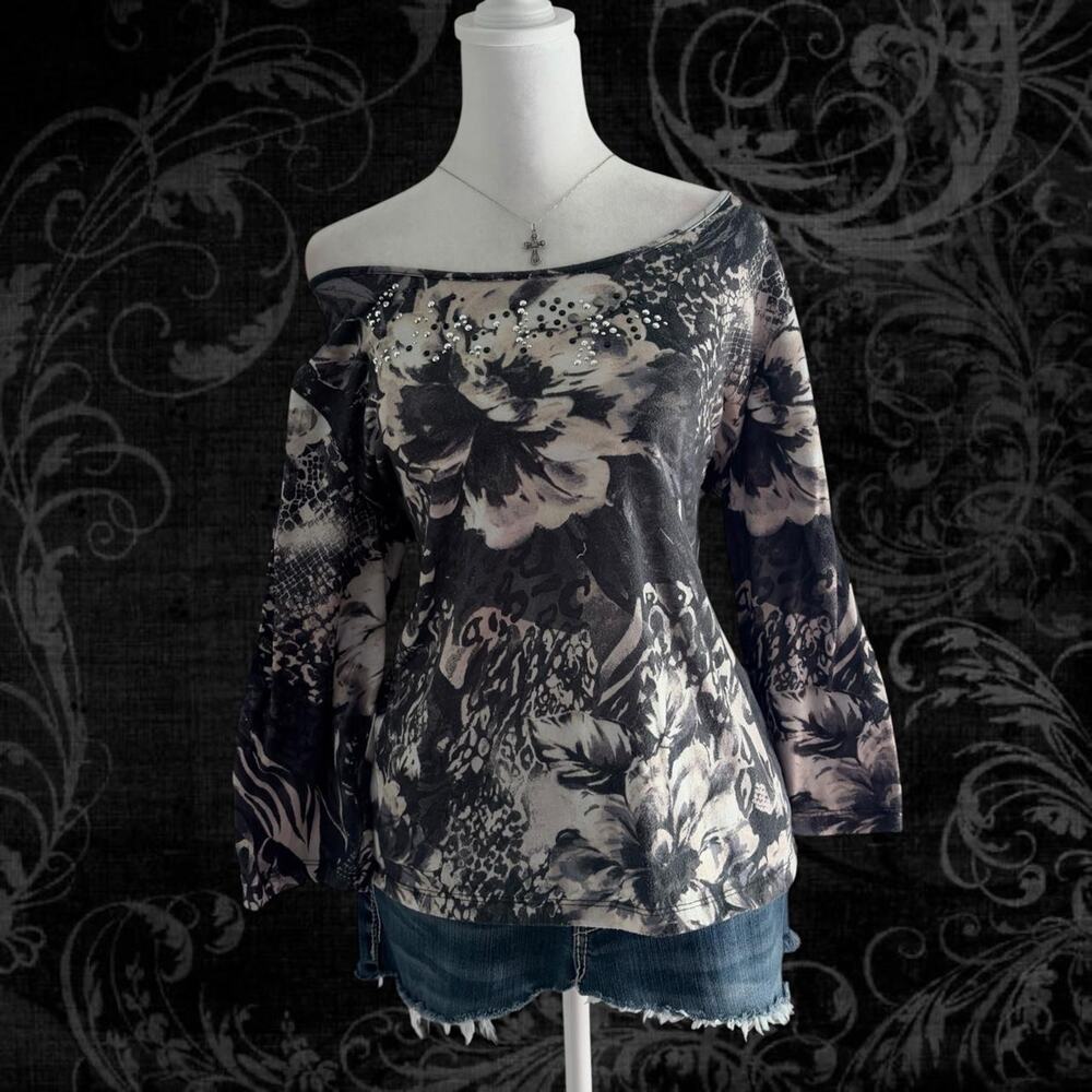 bedazzled studded soft muted black beige and dusty white florals botanical print